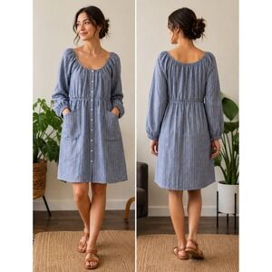 Emerson Fry Jasmine Button Dress Denim Stripe Hemp Organic Cotton Pocket Mini S